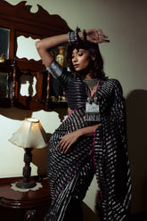 Arcane Sorceress I Black Handloom Cotton Saree with Zari Stripes and Scaloped Border