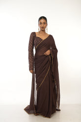 Cocoa Bliss I Brown Green HandloomMul Cotton Saree with Golden Scalloped Border