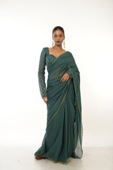 Evergreen Elegance I Bottle Green HandloomMul Cotton Saree with Golden Scalloped Border