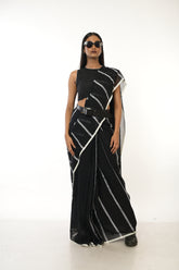 Midnight Stripes I Black Handloom Cotton Saree with white Stripes