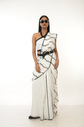 Monochrome Magic I White Handwoven Handloom Cotton Saree with Black Stripes