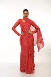 Scarlet Bloom I Red Handloom Mul Cotton Metallic Polka Dotted Saree