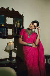 Twin Realm I Pink Handloom Cotton Saree with Zari Stripes and Scaloped Border