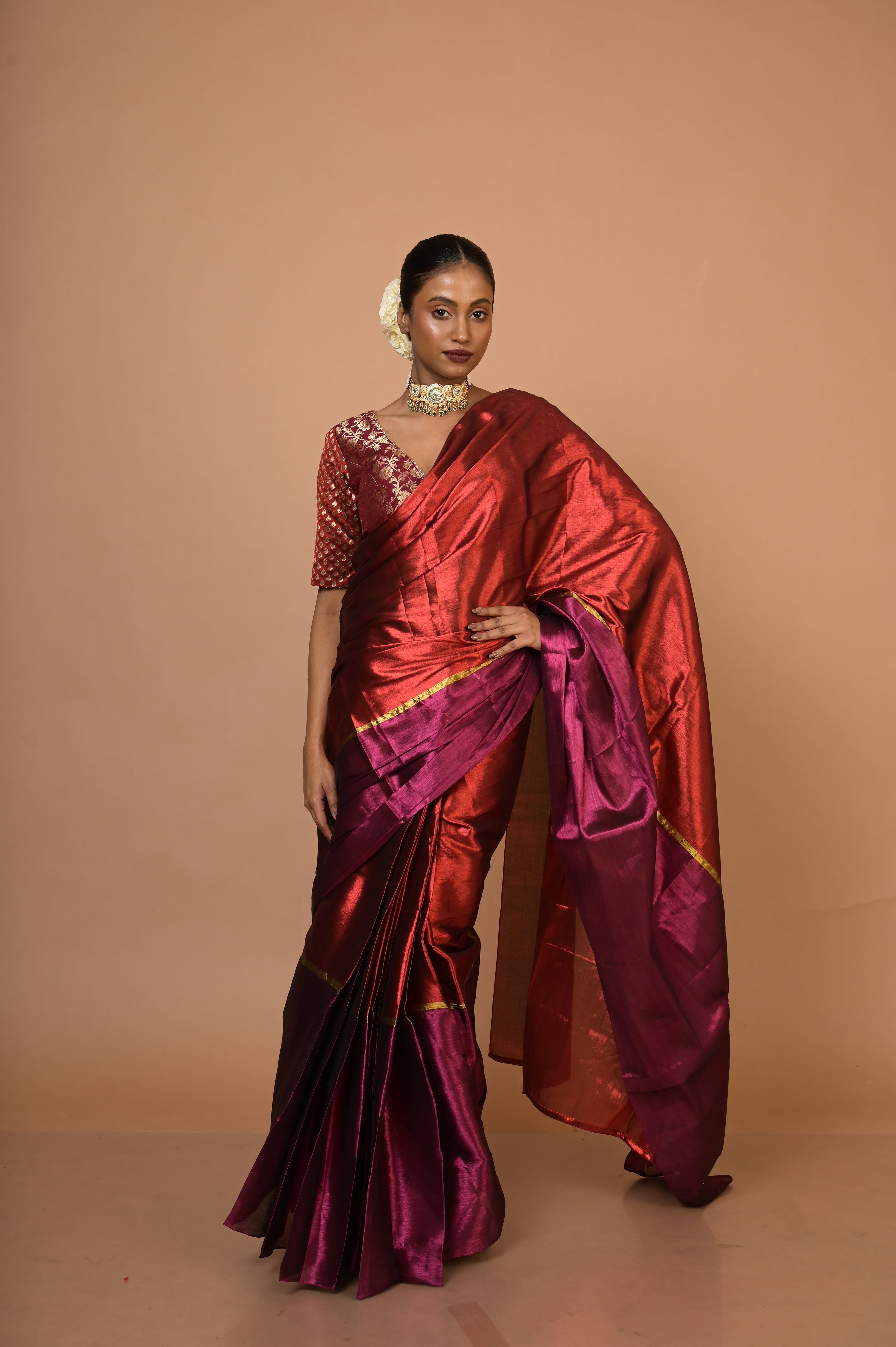Navya I Red and Purple Handloom Tissue Saree