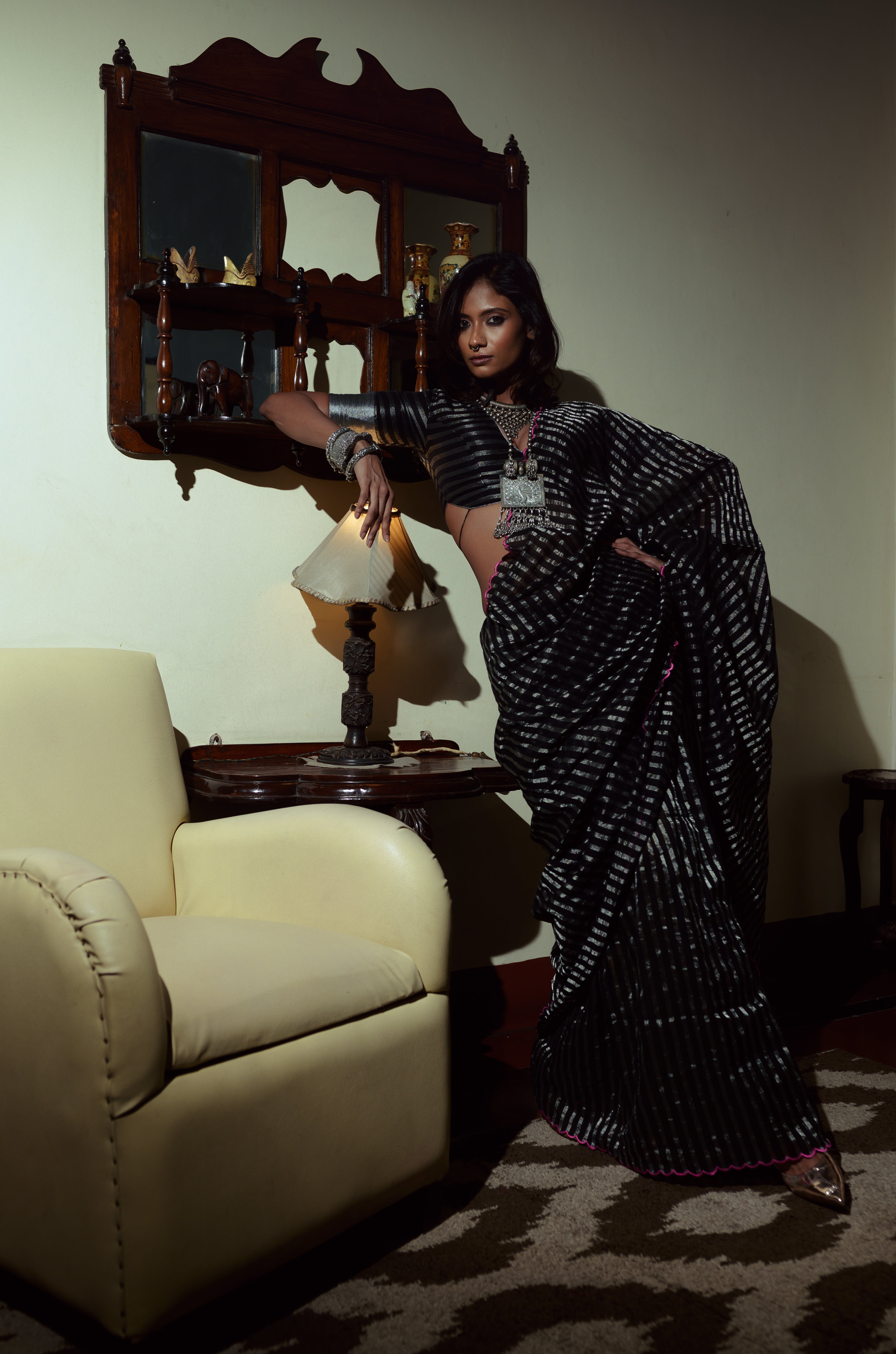 Arcane Sorceress I Black Handloom Cotton Saree with Zari Stripes and Scaloped Border