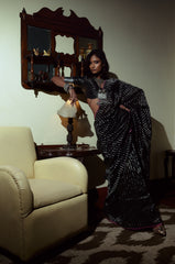 Arcane Sorceress I Black Handloom Cotton Saree with Zari Stripes and Scaloped Border