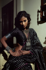 Arcane Sorceress I Black Handloom Cotton Saree with Zari Stripes and Scaloped Border