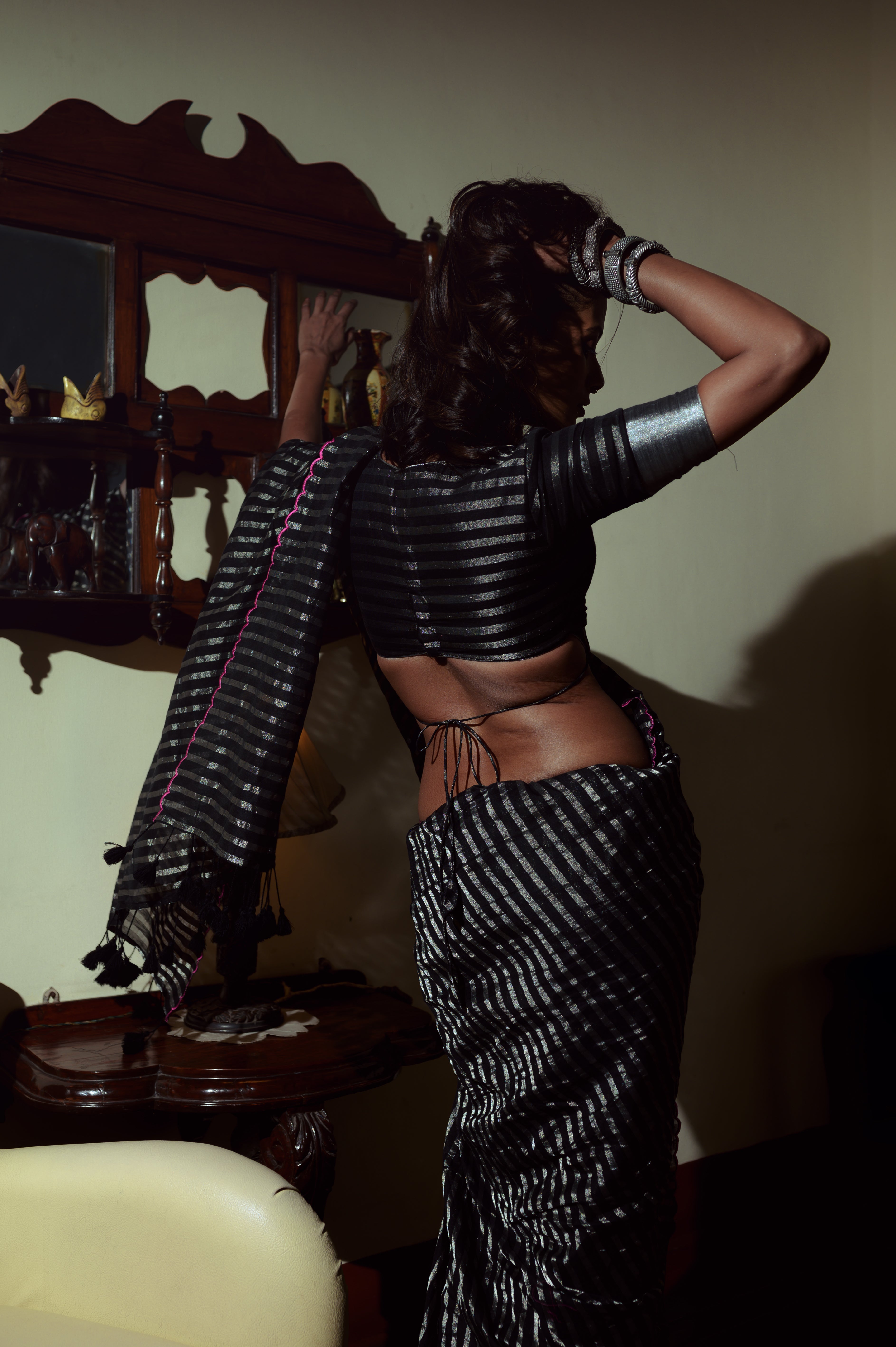 Arcane Sorceress I Black Handloom Cotton Saree with Zari Stripes and Scaloped Border