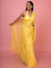 Basant Bahar I Yellow Handloom Mul Cotton Polka Dotted Saree