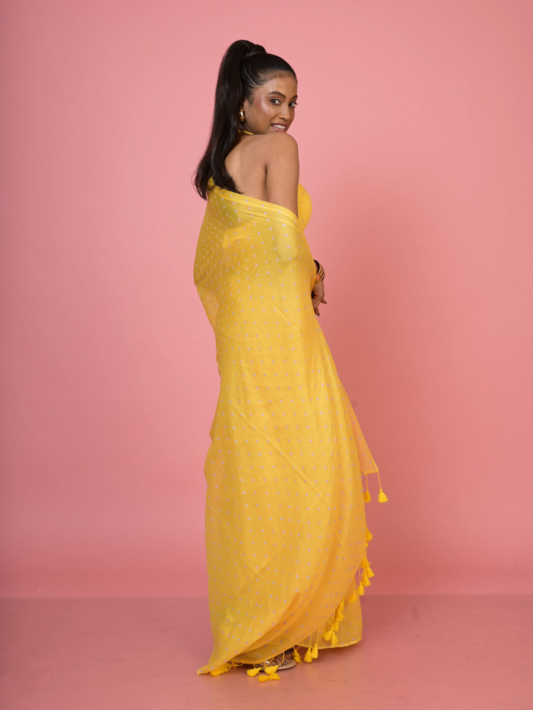 Basant Bahar I Yellow Handloom Mul Cotton Polka Dotted Saree