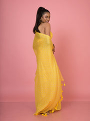 Basant Bahar I Yellow Handloom Mul Cotton Polka Dotted Saree