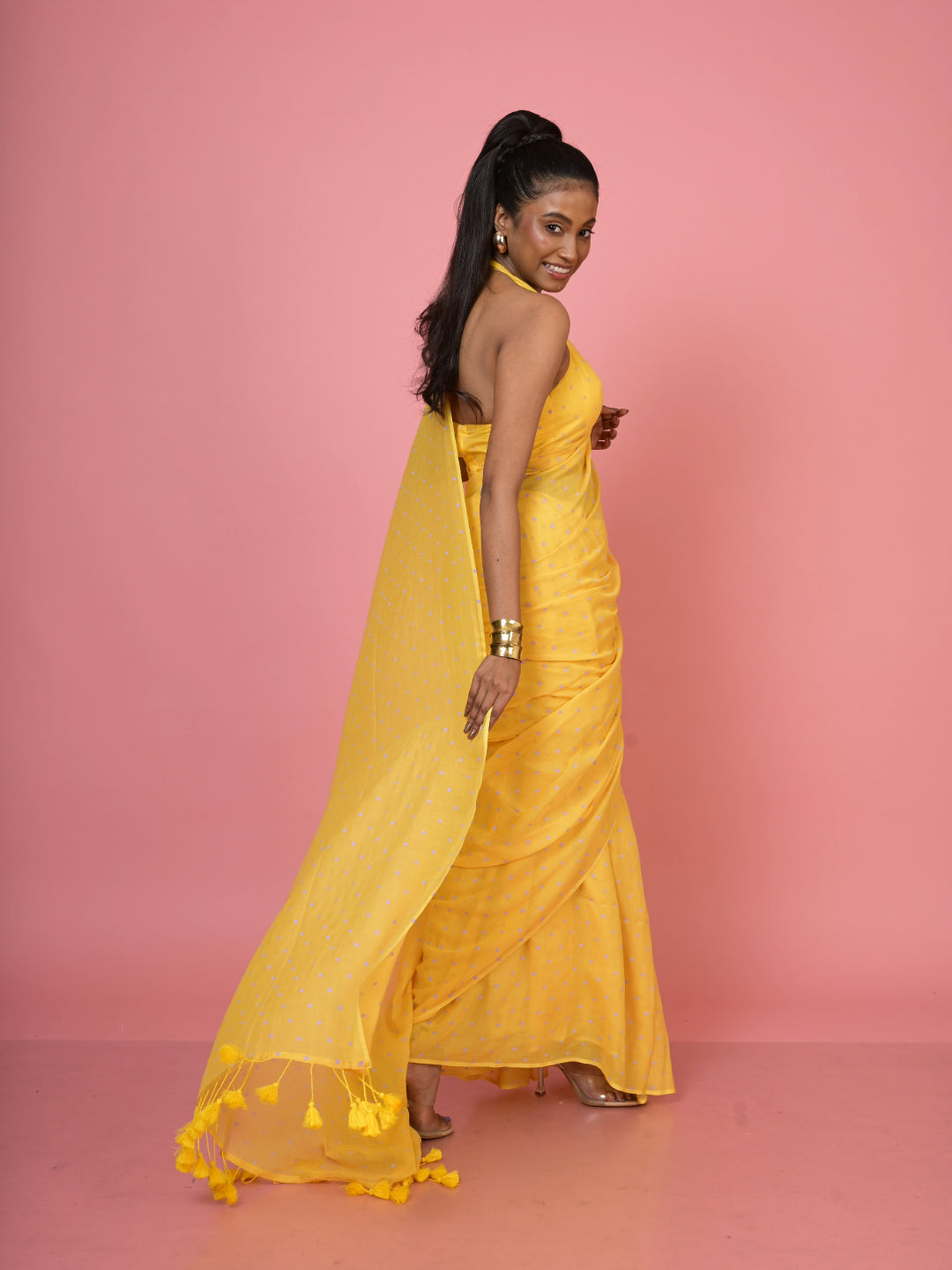 Basant Bahar I Yellow Handloom Mul Cotton Polka Dotted Saree