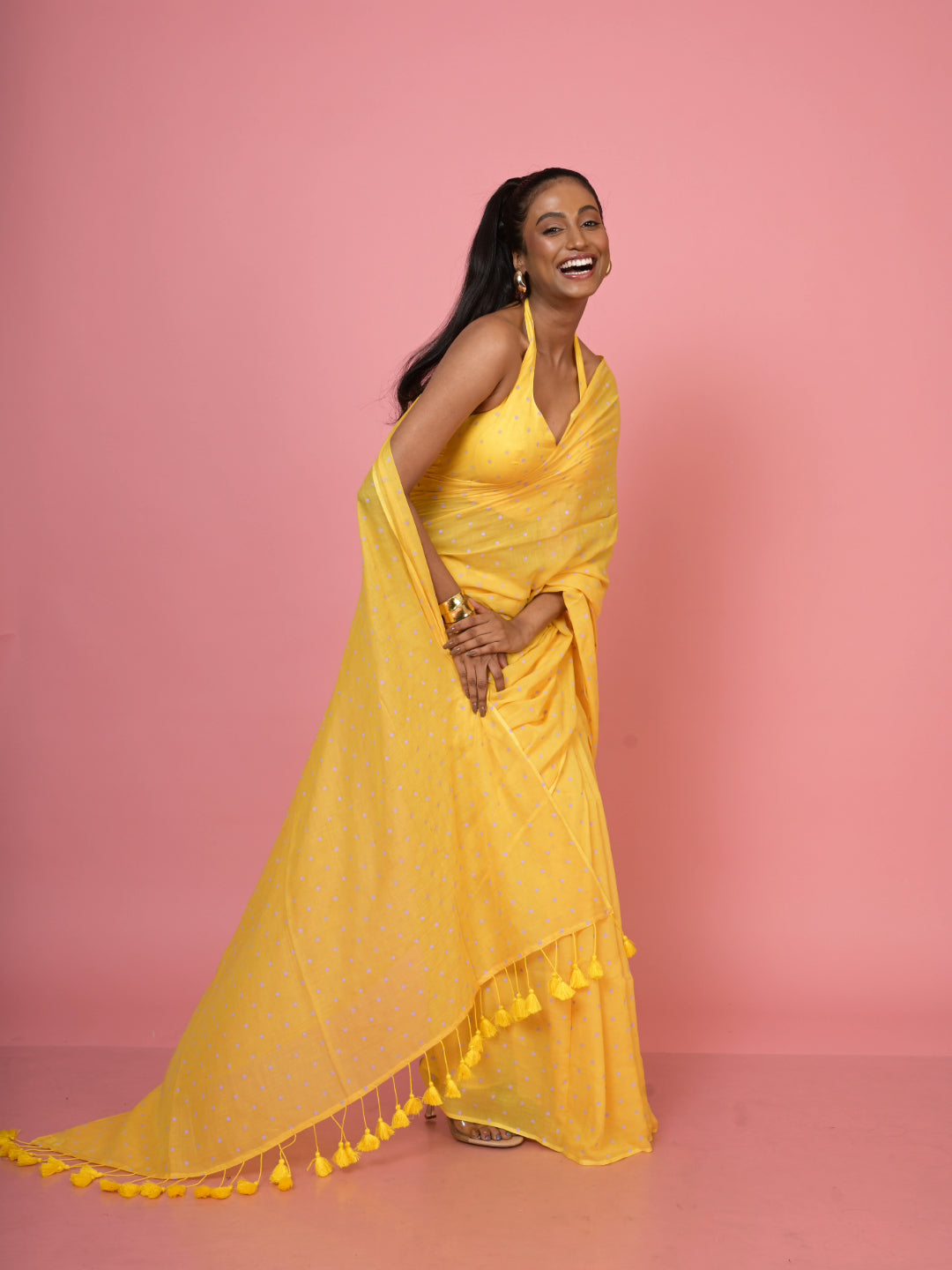 Basant Bahar I Yellow Handloom Mul Cotton Polka Dotted Saree
