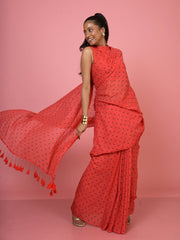 Chulbuli chilly I Red Handloom Mul Cotton Polka Dotted Saree