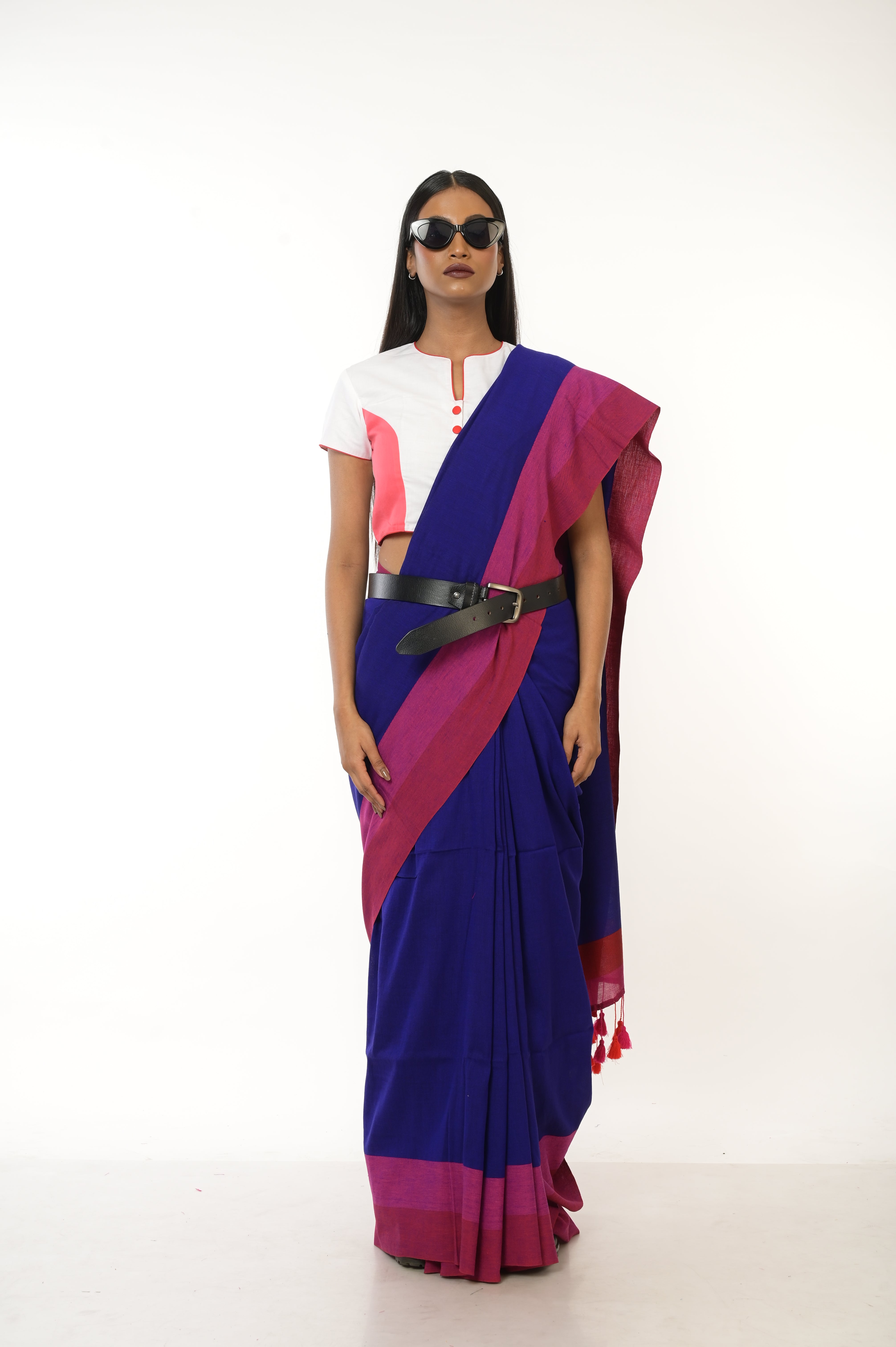 Cobalt Charm I Blue Handloom Acrylic Cotton Saree with Red and Pink Border
