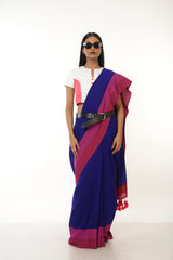 Cobalt Charm I Blue Handloom Acrylic Cotton Saree with Red and Pink Border