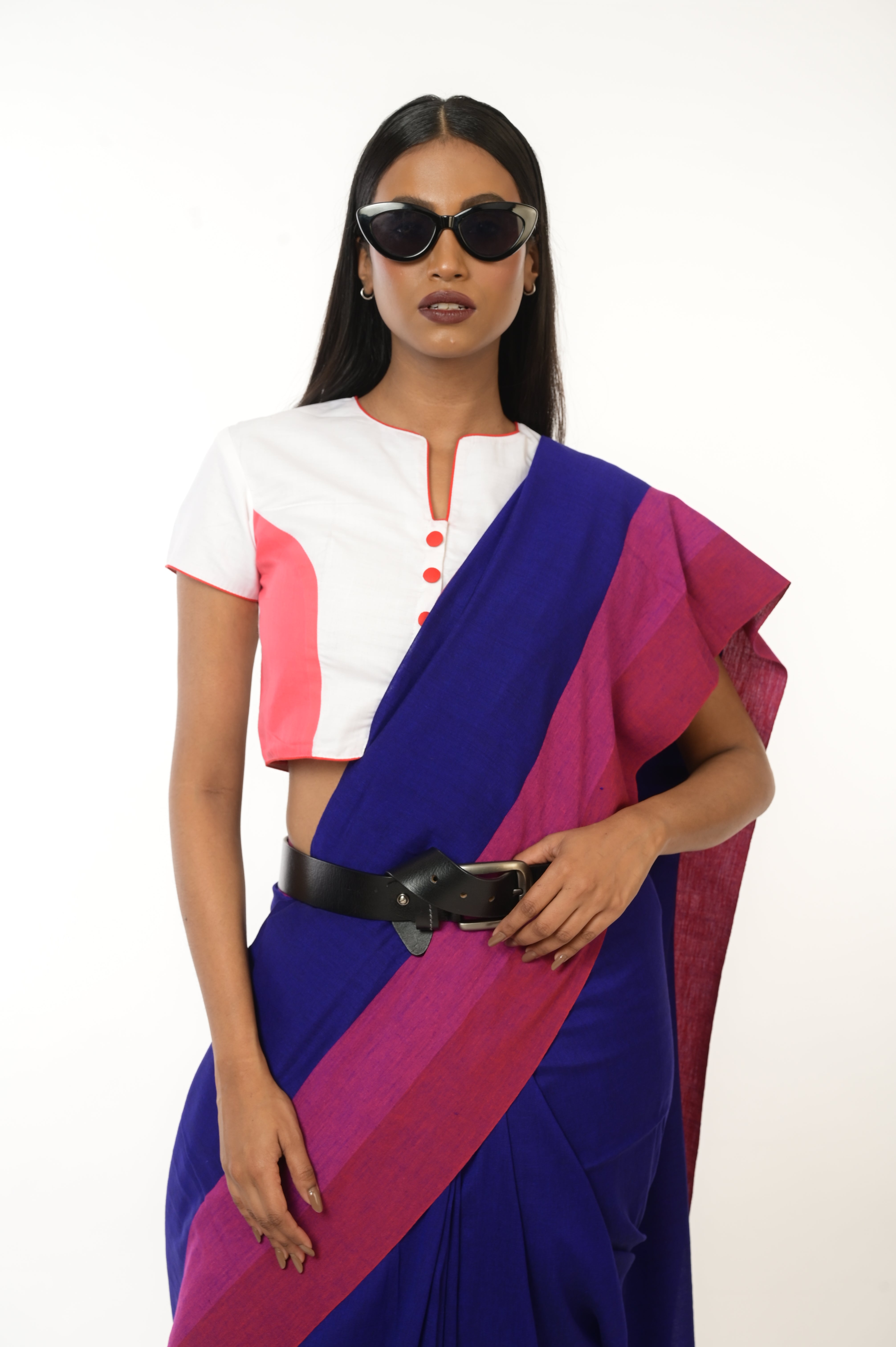 Cobalt Charm I Blue Handloom Acrylic Cotton Saree with Red and Pink Border