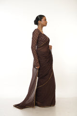 Cocoa Bliss I Brown Green HandloomMul Cotton Saree with Golden Scalloped Border