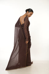 Cocoa Bliss I Brown Green HandloomMul Cotton Saree with Golden Scalloped Border