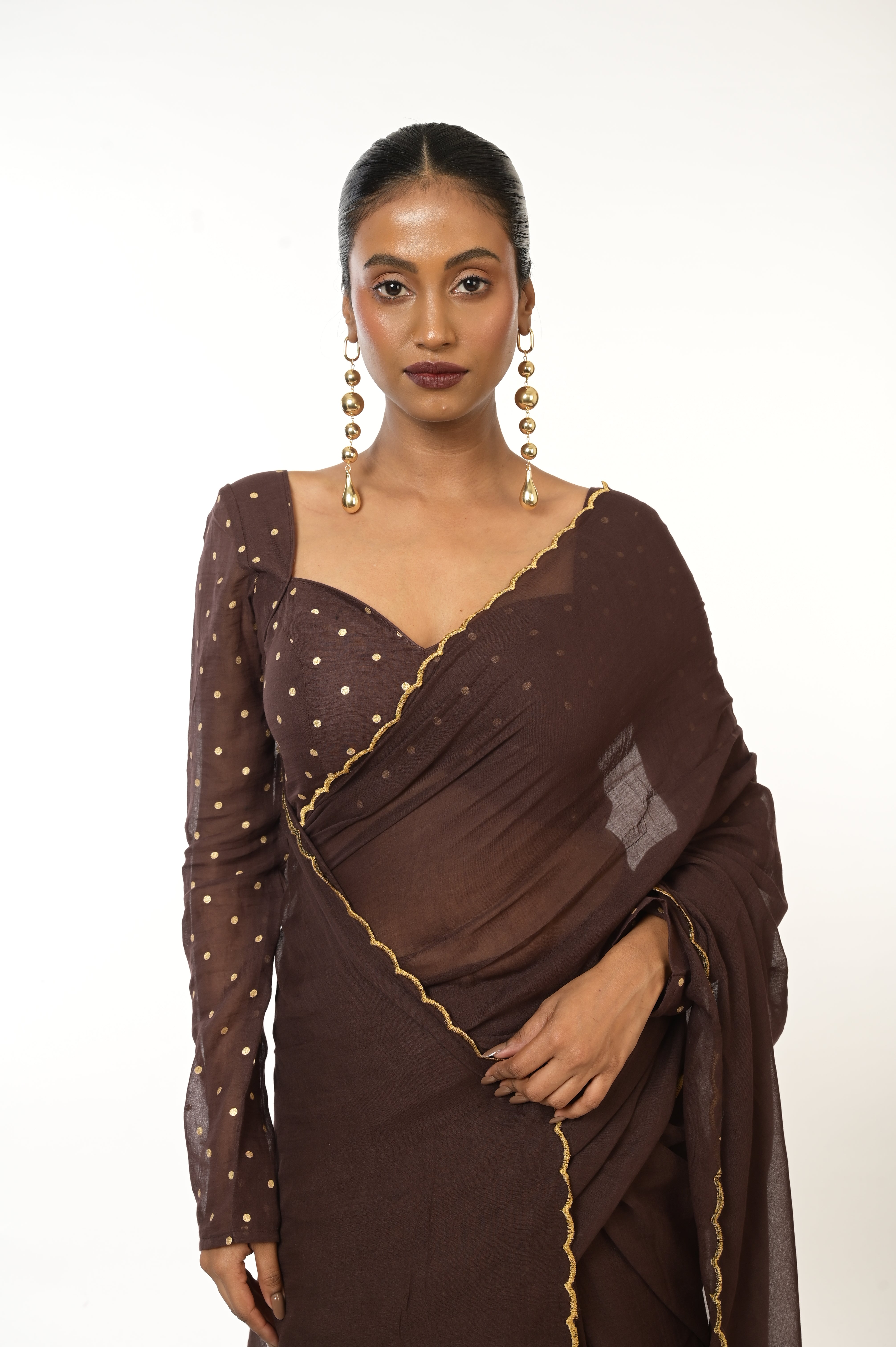 Cocoa Bliss I Brown Green HandloomMul Cotton Saree with Golden Scalloped Border