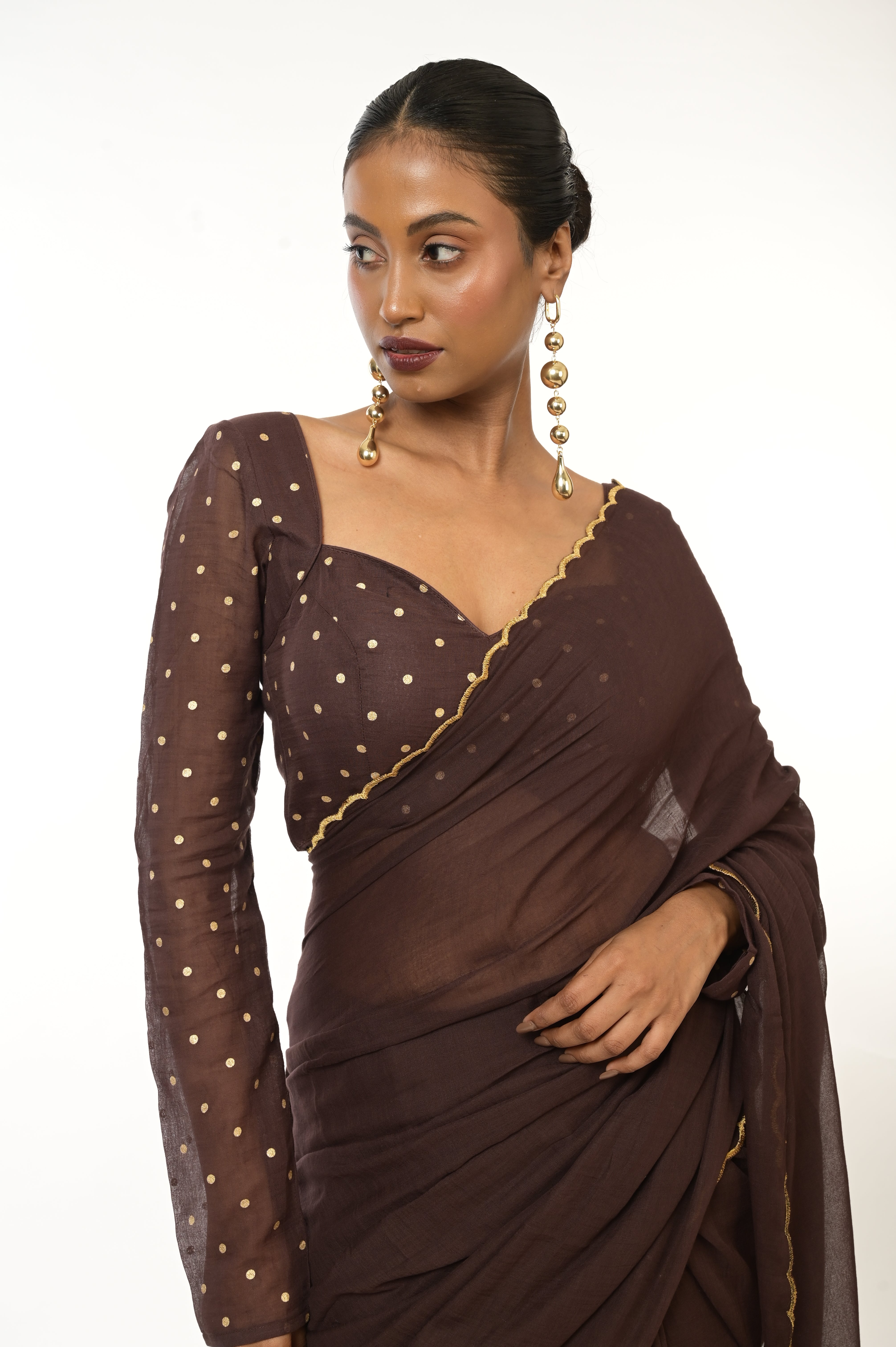 Cocoa Bliss I Brown Green HandloomMul Cotton Saree with Golden Scalloped Border