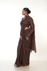 Dusk & Dots I Brown Handloom Mul Cotton Metallic Polka Dotted Saree