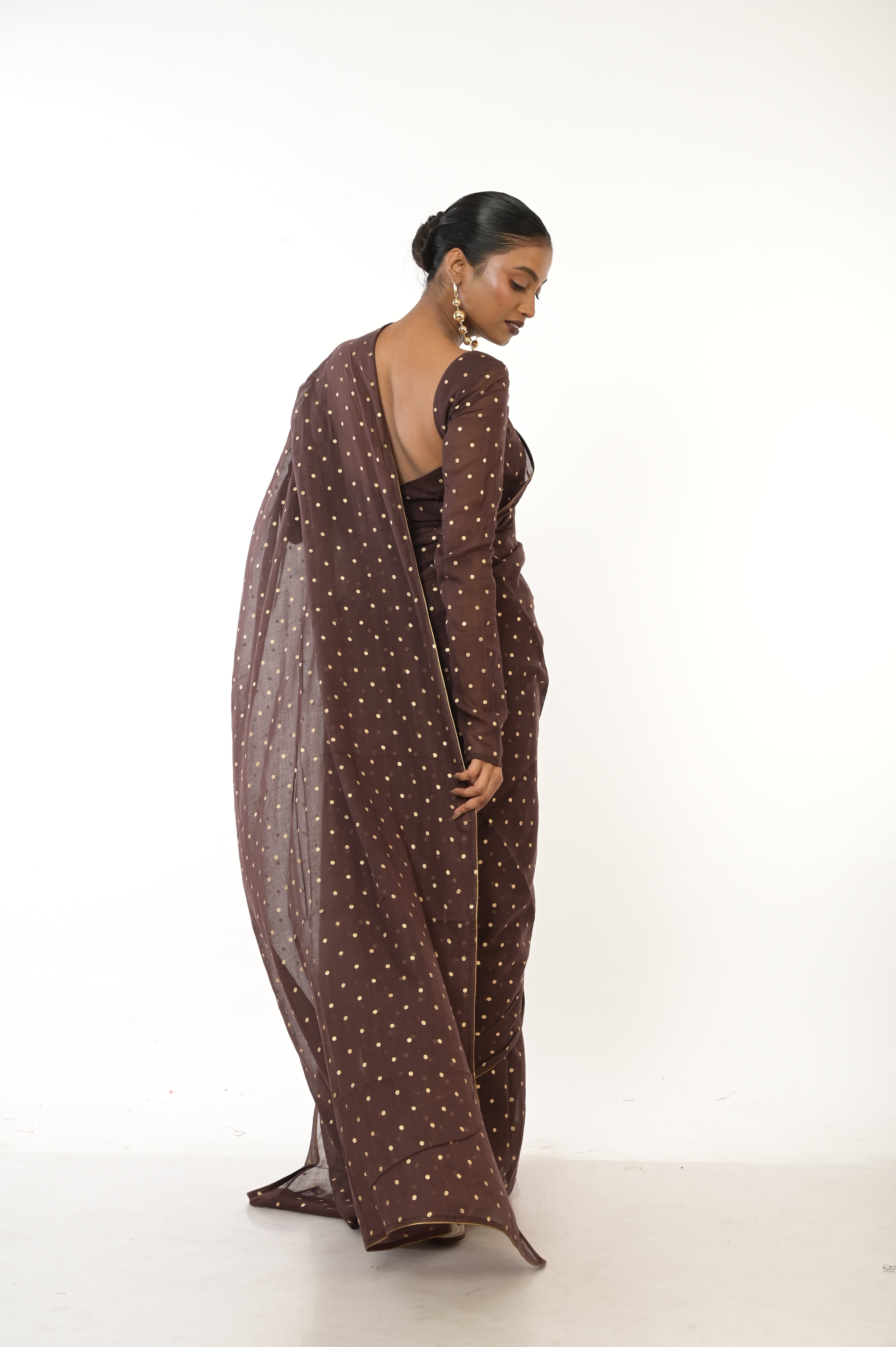 Dusk & Dots I Brown Handloom Mul Cotton Metallic Polka Dotted Saree