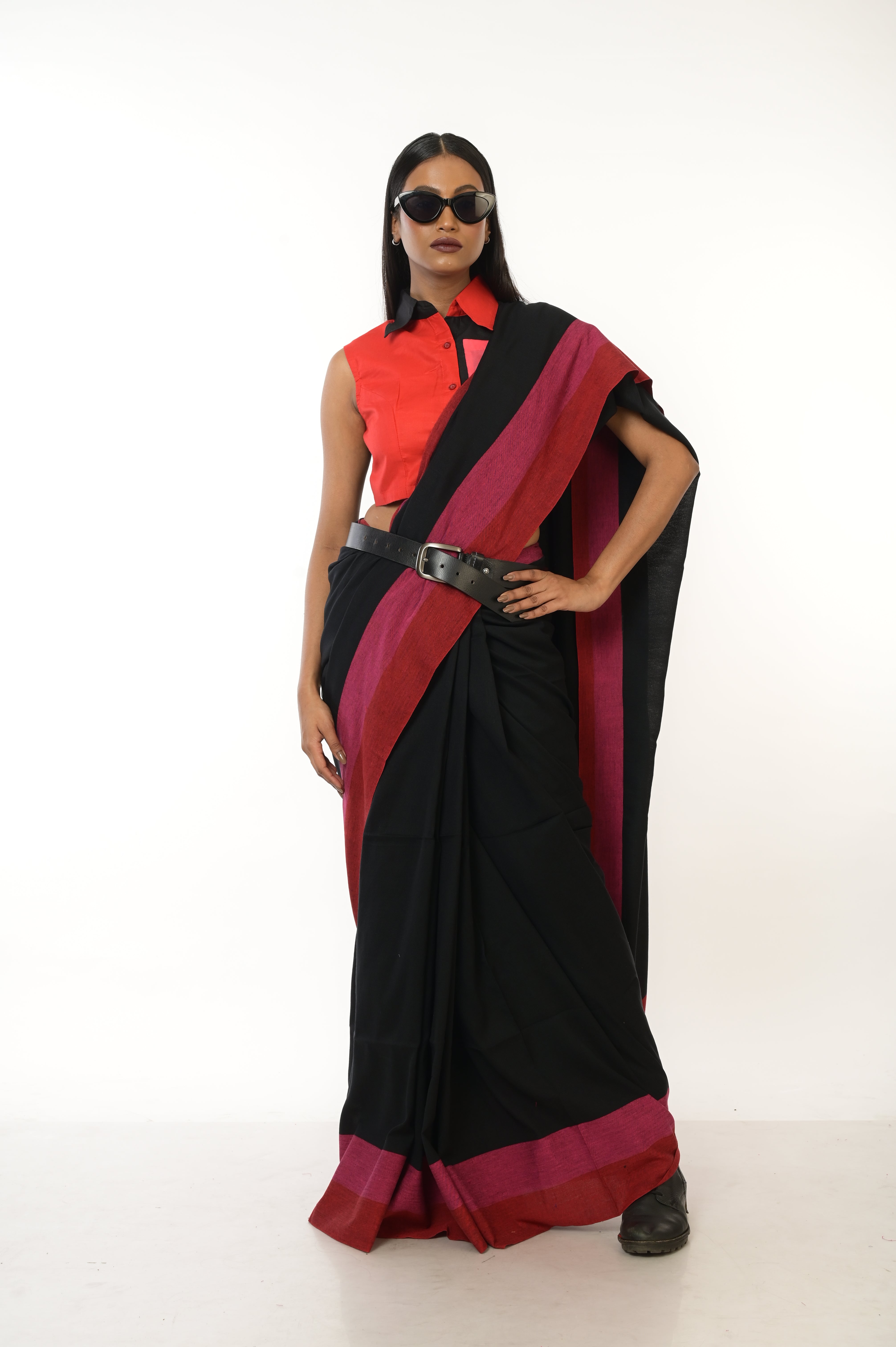 Eclipse Elegance I Black Handloom Acrylic Cotton Saree with Red and Pink Border