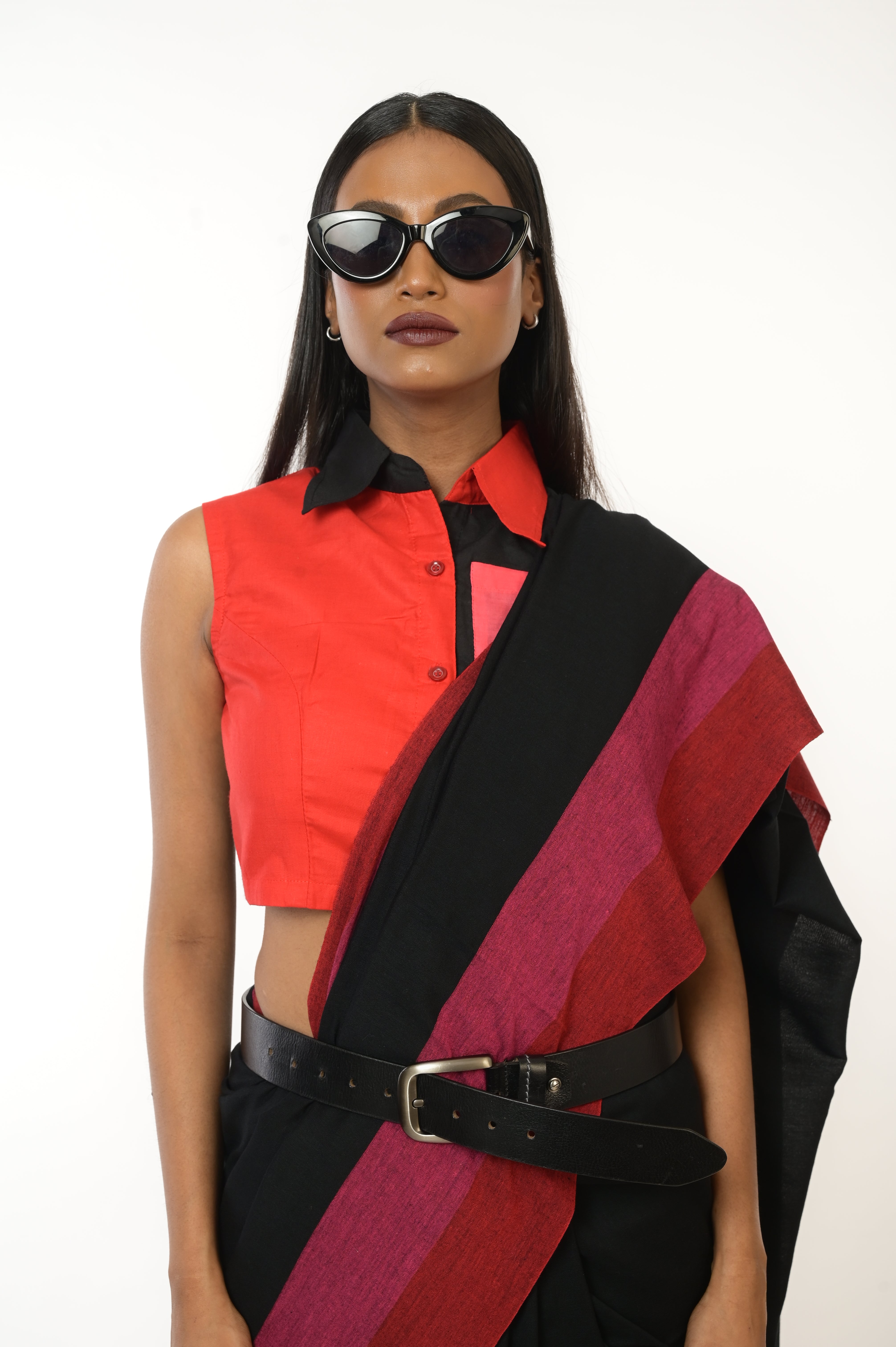 Eclipse Elegance I Black Handloom Acrylic Cotton Saree with Red and Pink Border