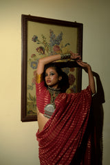Femme Fatale I Maroon Handloom Cotton Saree with Zari Stripes and Scaloped Border