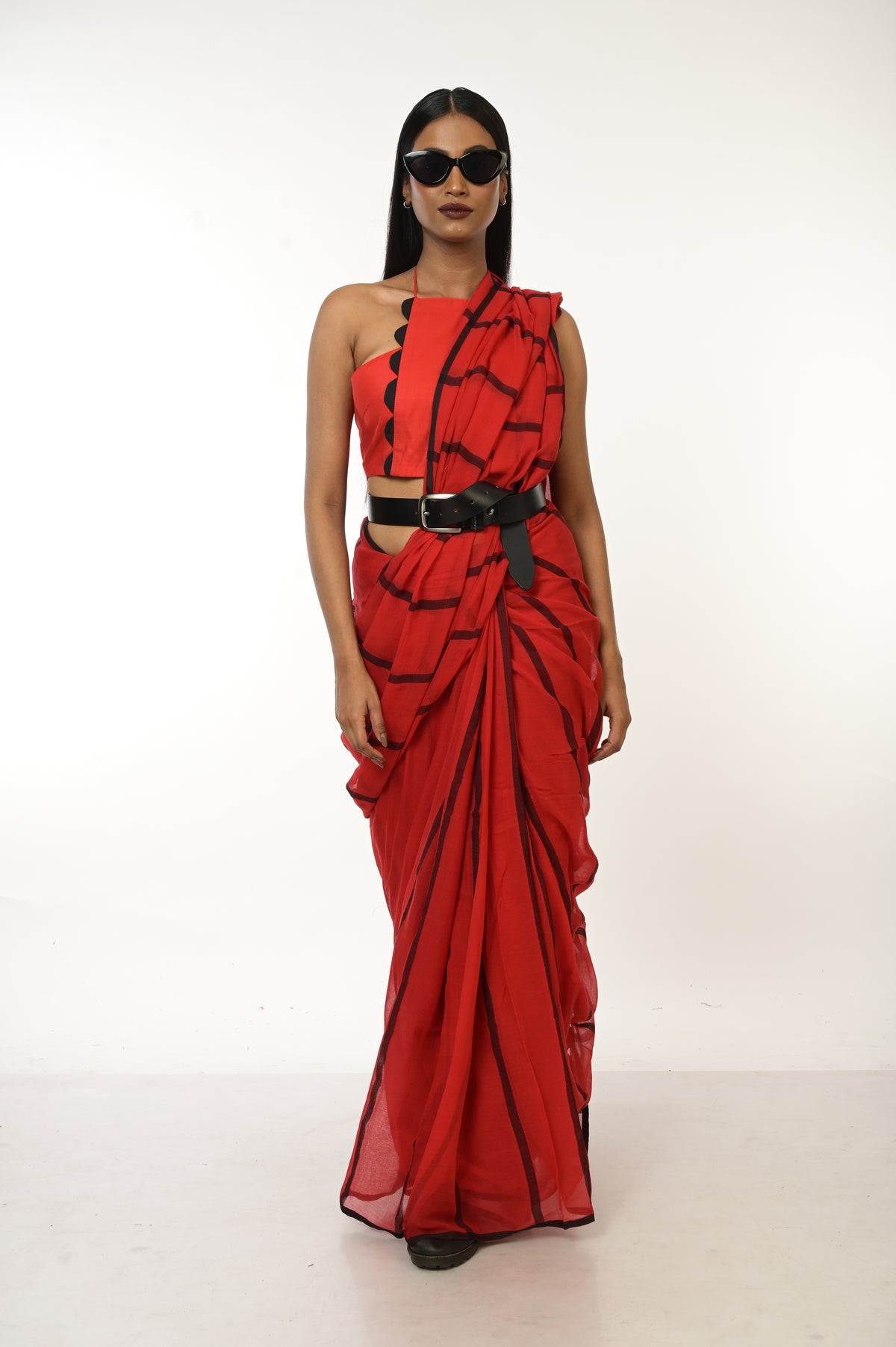 Magical Sunset I Red Handloom Cotton Saree with Black Stripes