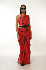 Magical Sunset I Red Handloom Cotton Saree with Black Stripes