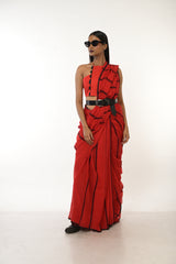 Magical Sunset I Red Handloom Cotton Saree with Black Stripes