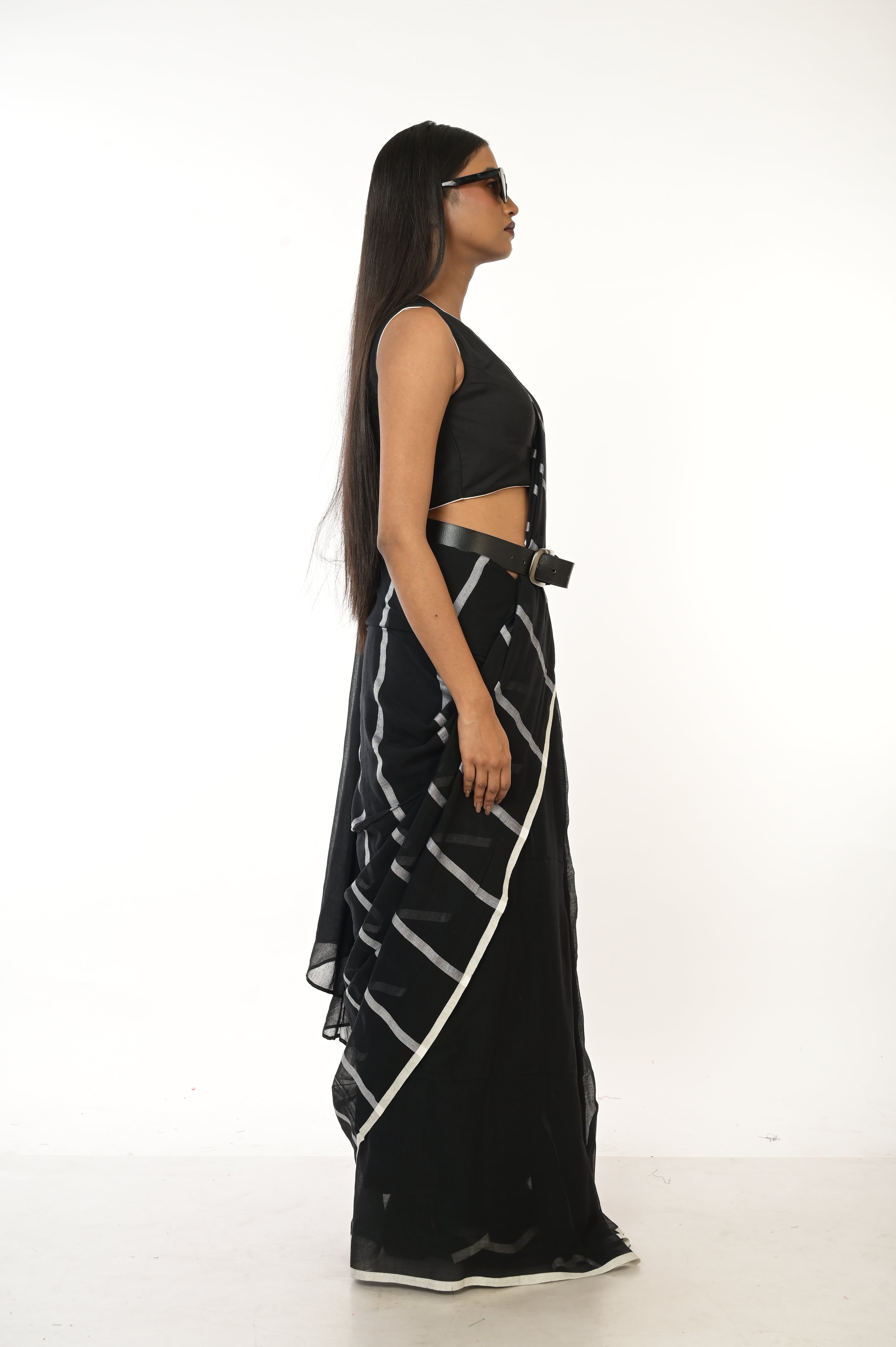 Midnight Stripes I Black Handloom Cotton Saree with white Stripes