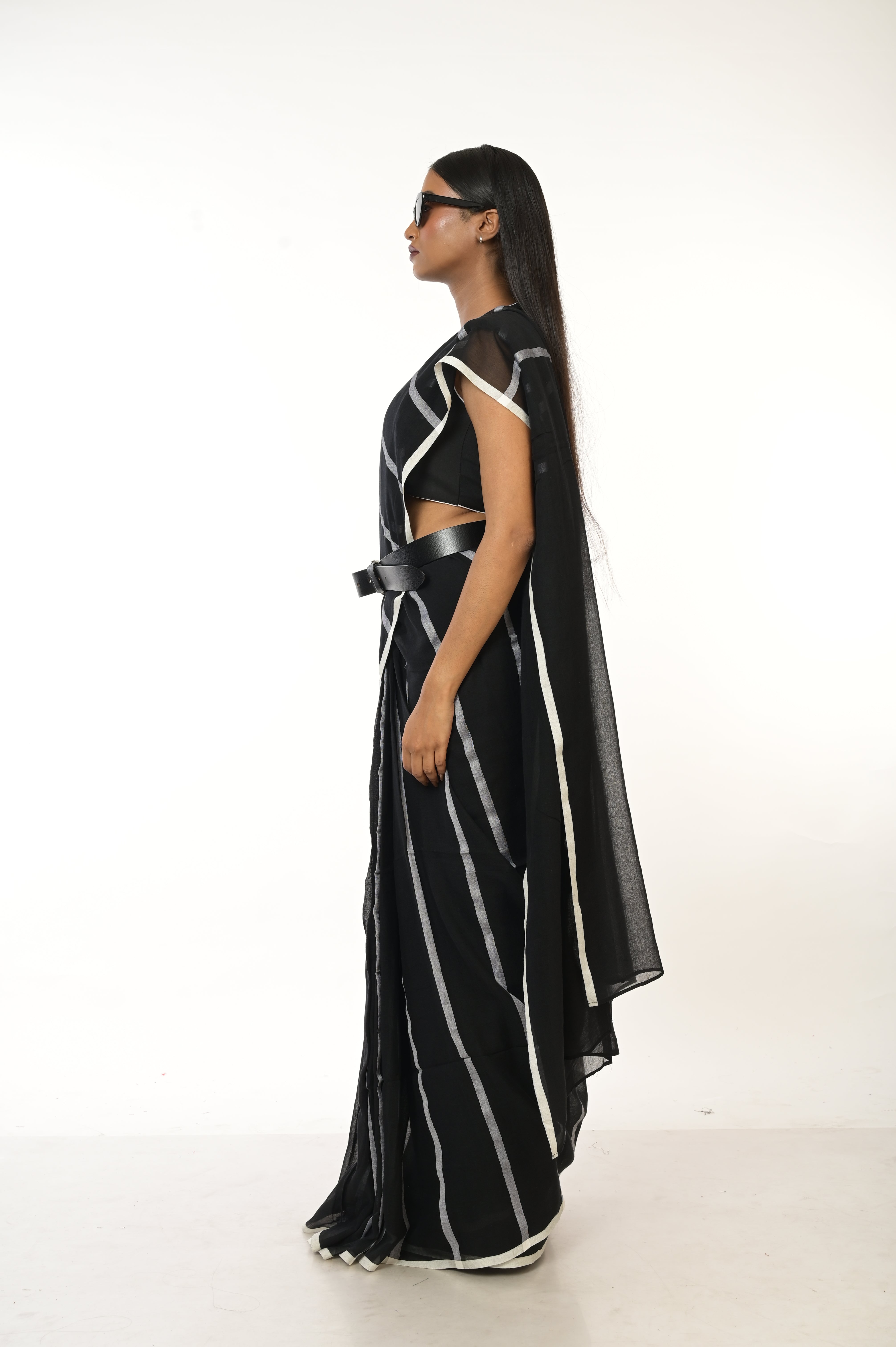 Midnight Stripes I Black Handloom Cotton Saree with white Stripes