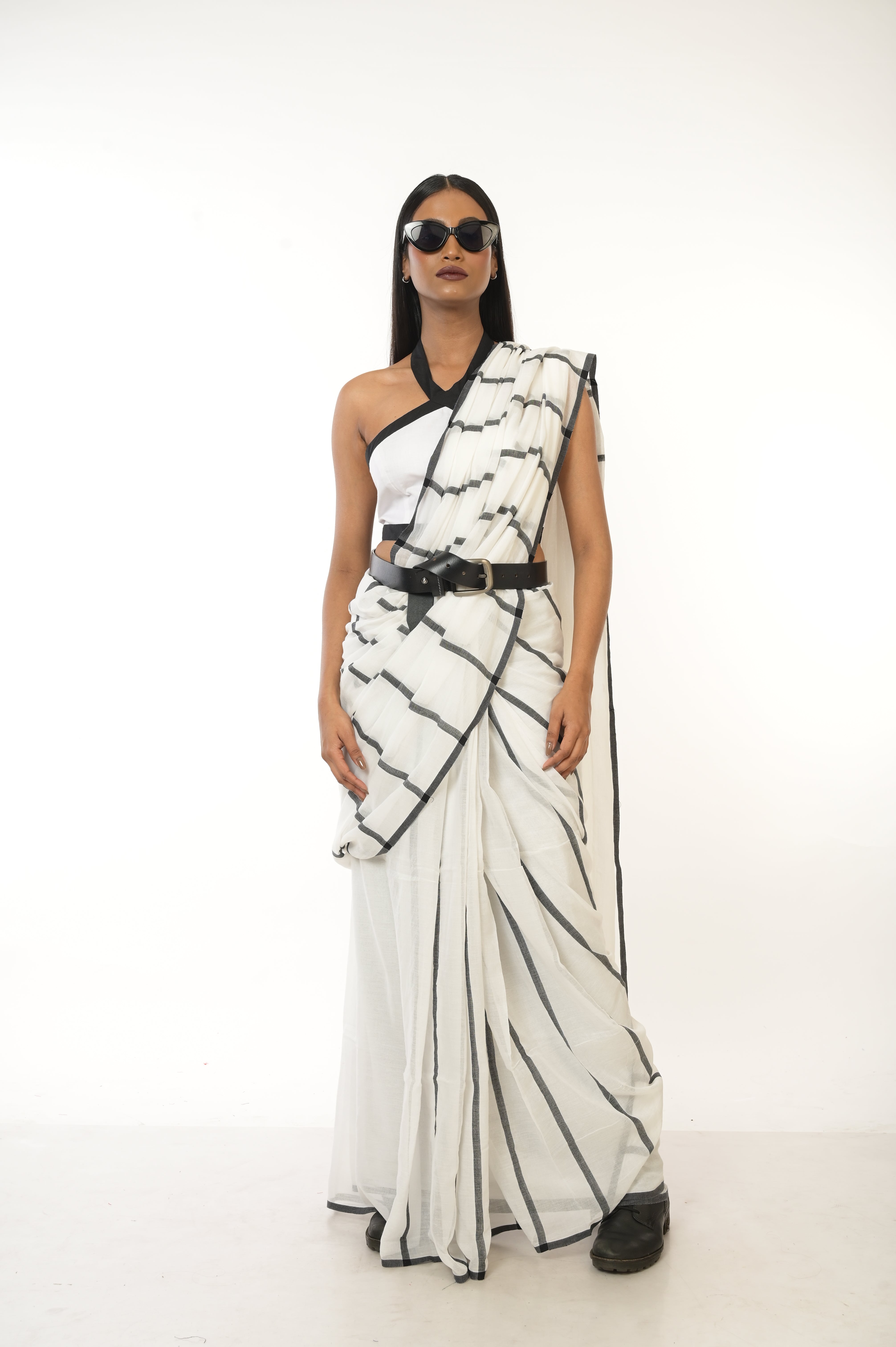Monochrome Magic I White Handwoven Handloom Cotton Saree with Black Stripes