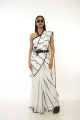 Monochrome Magic I White Handwoven Handloom Cotton Saree with Black Stripes