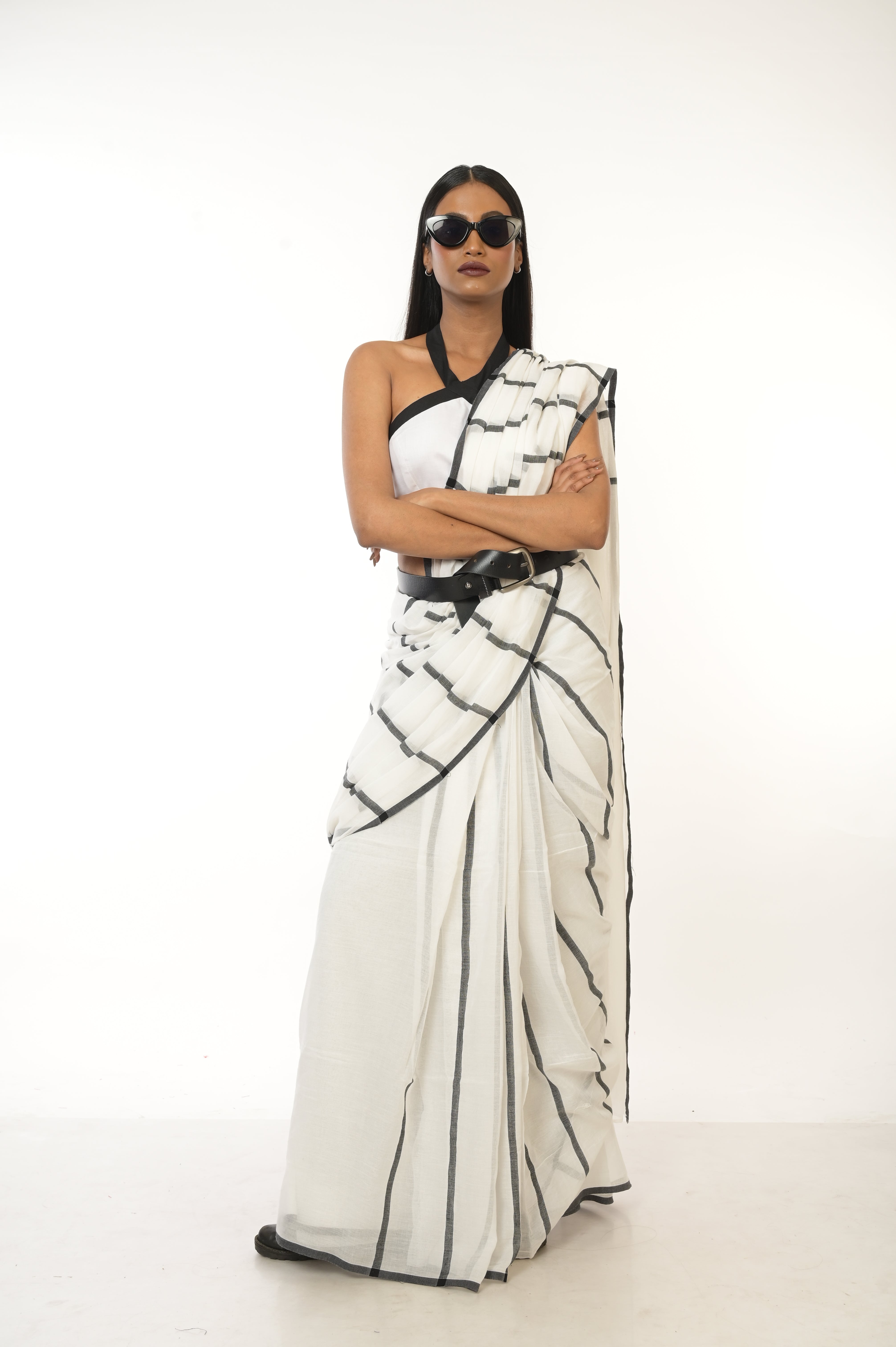 Monochrome Magic I White Handwoven Handloom Cotton Saree with Black Stripes