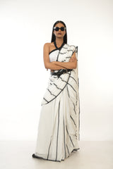 Monochrome Magic I White Handwoven Handloom Cotton Saree with Black Stripes