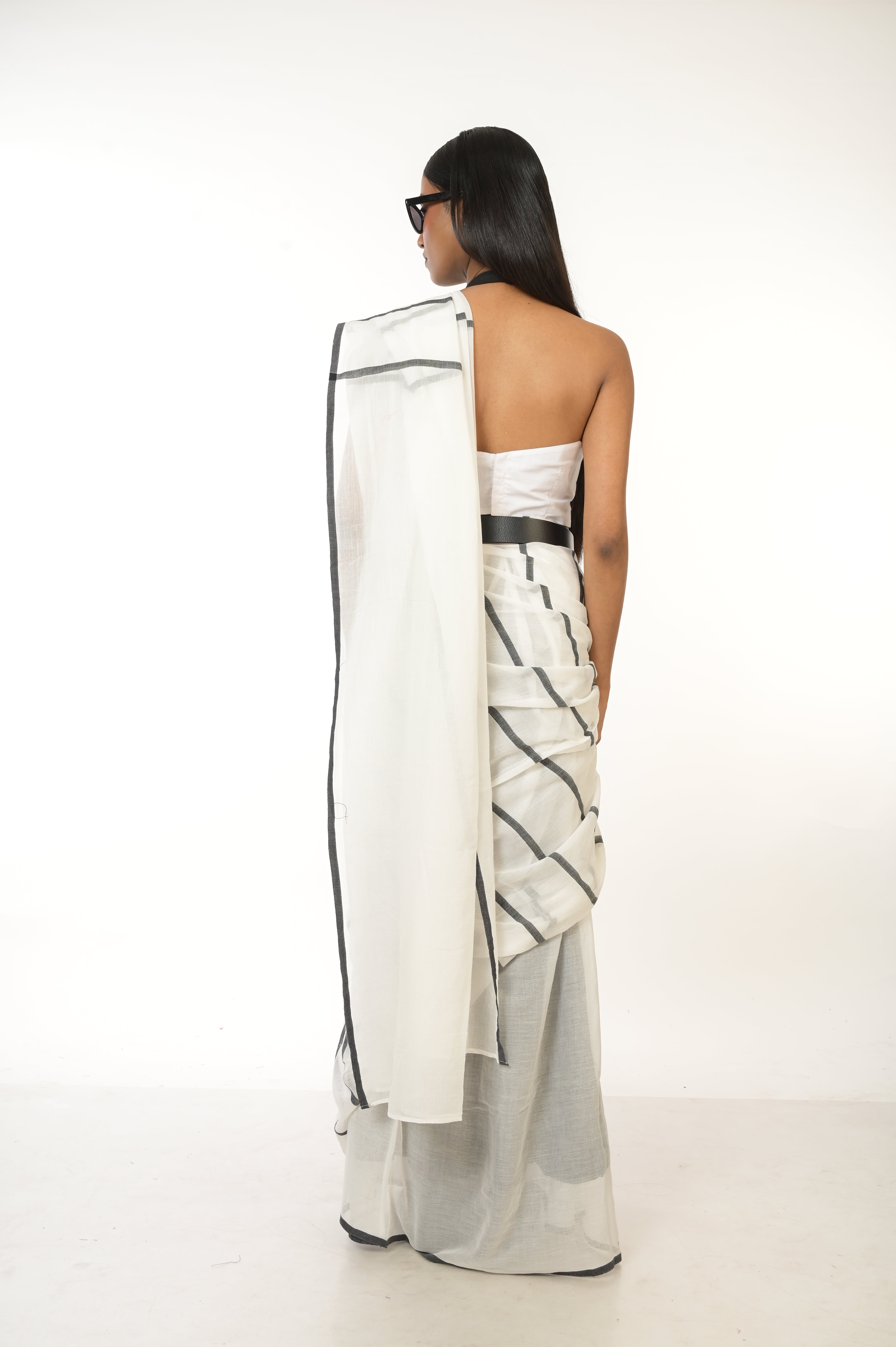 Monochrome Magic I White Handwoven Handloom Cotton Saree with Black Stripes