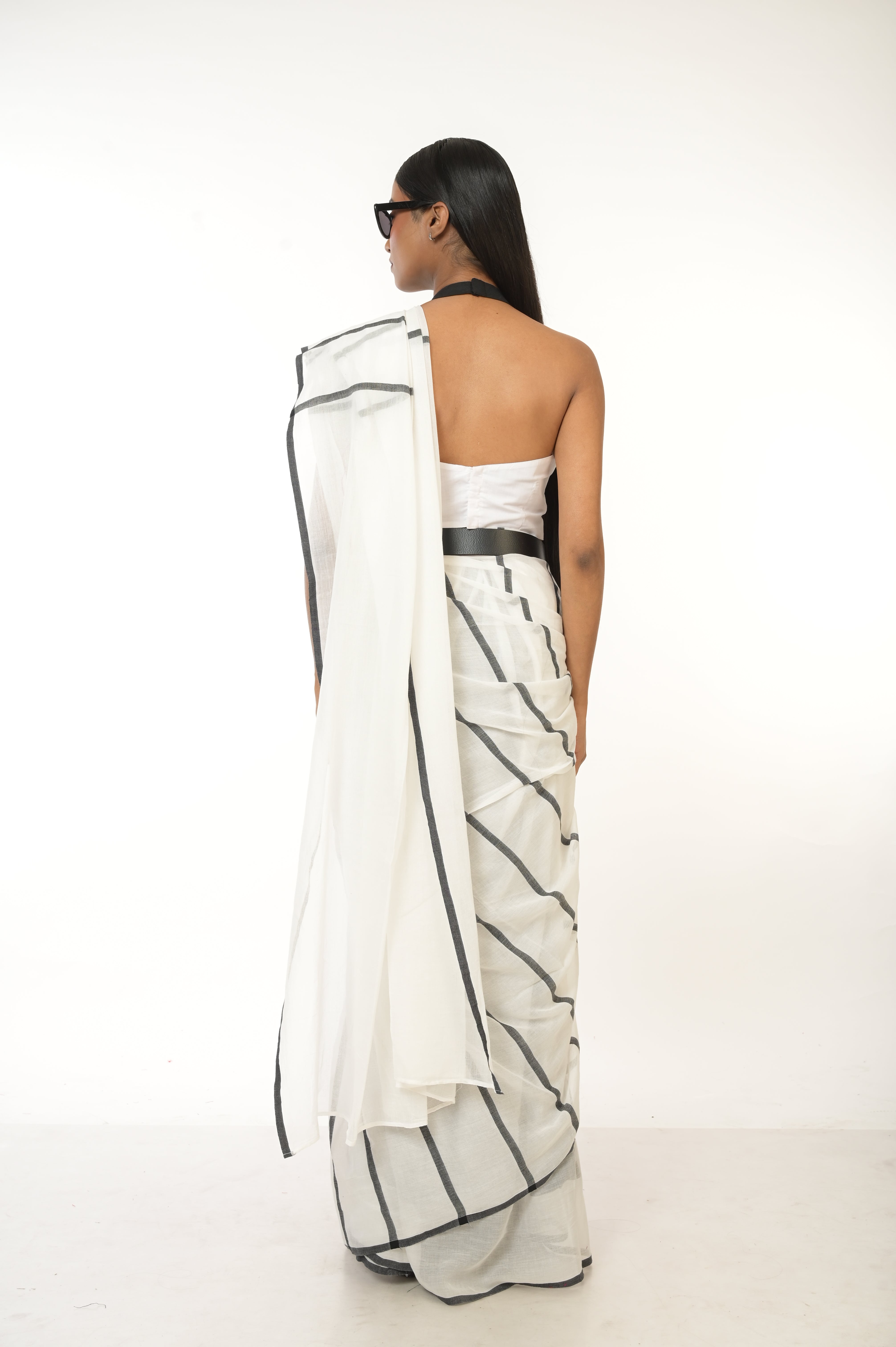 Monochrome Magic I White Handwoven Handloom Cotton Saree with Black Stripes