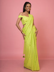Nimbu Mirchi I Lime Green Handloom Mul Cotton Polka Dotted Saree