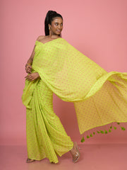 Nimbu Mirchi I Lime Green Handloom Mul Cotton Polka Dotted Saree
