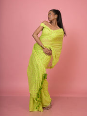 Nimbu Mirchi I Lime Green Handloom Mul Cotton Polka Dotted Saree