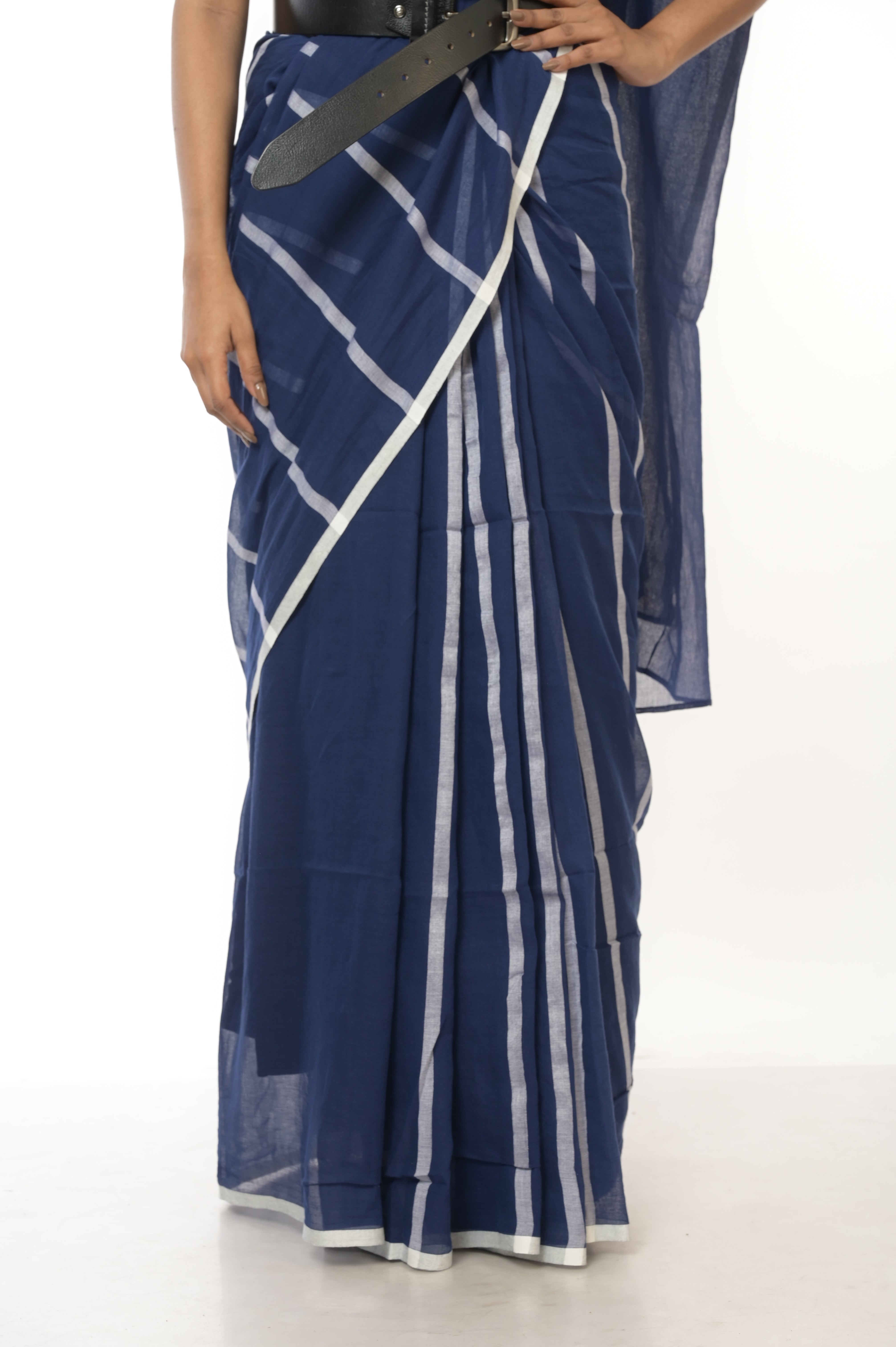 Ocean Whispers I Blue Handloom Cotton Saree with White Stripes