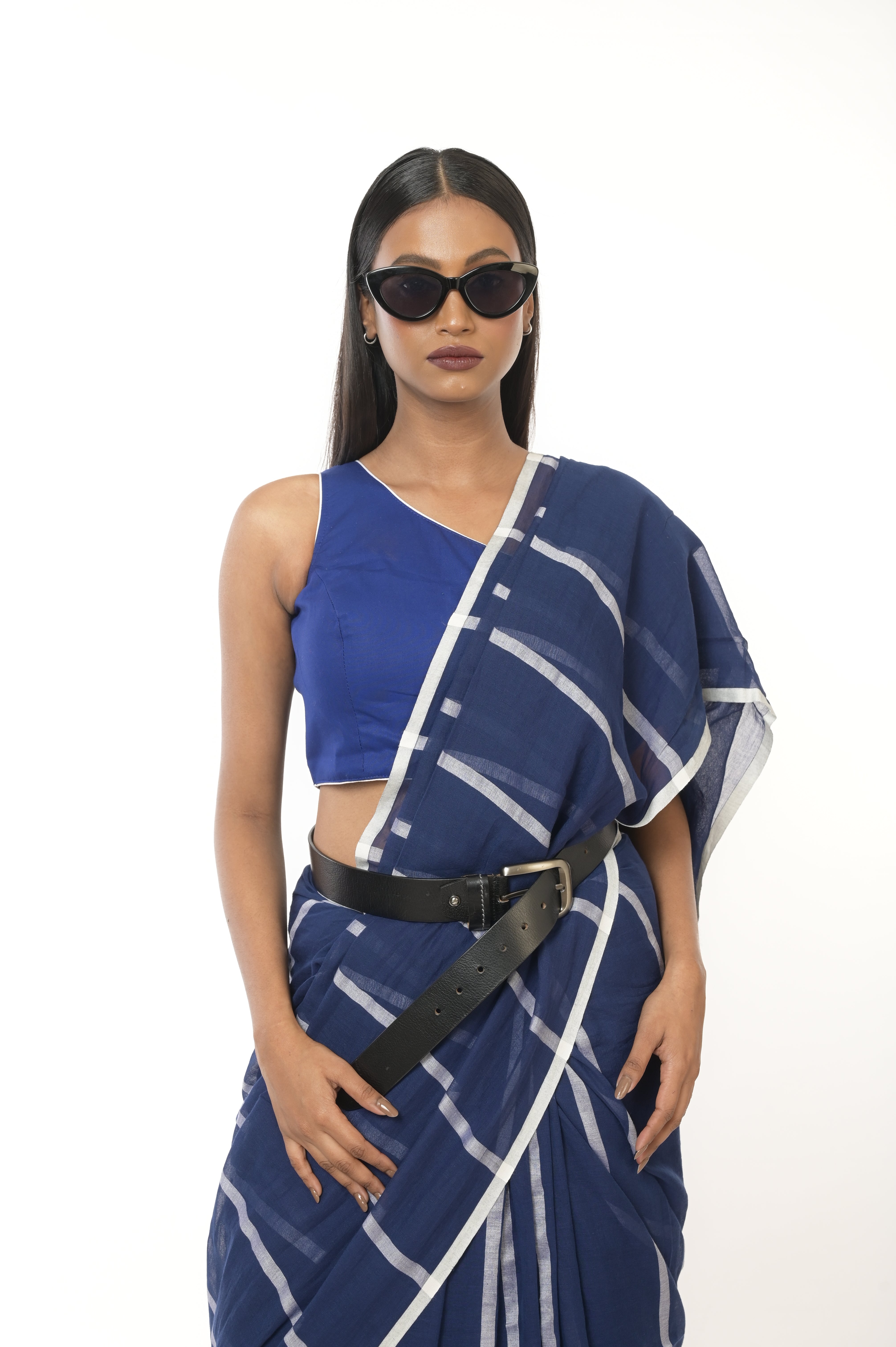 Ocean Whispers I Blue Handloom Cotton Saree with White Stripes