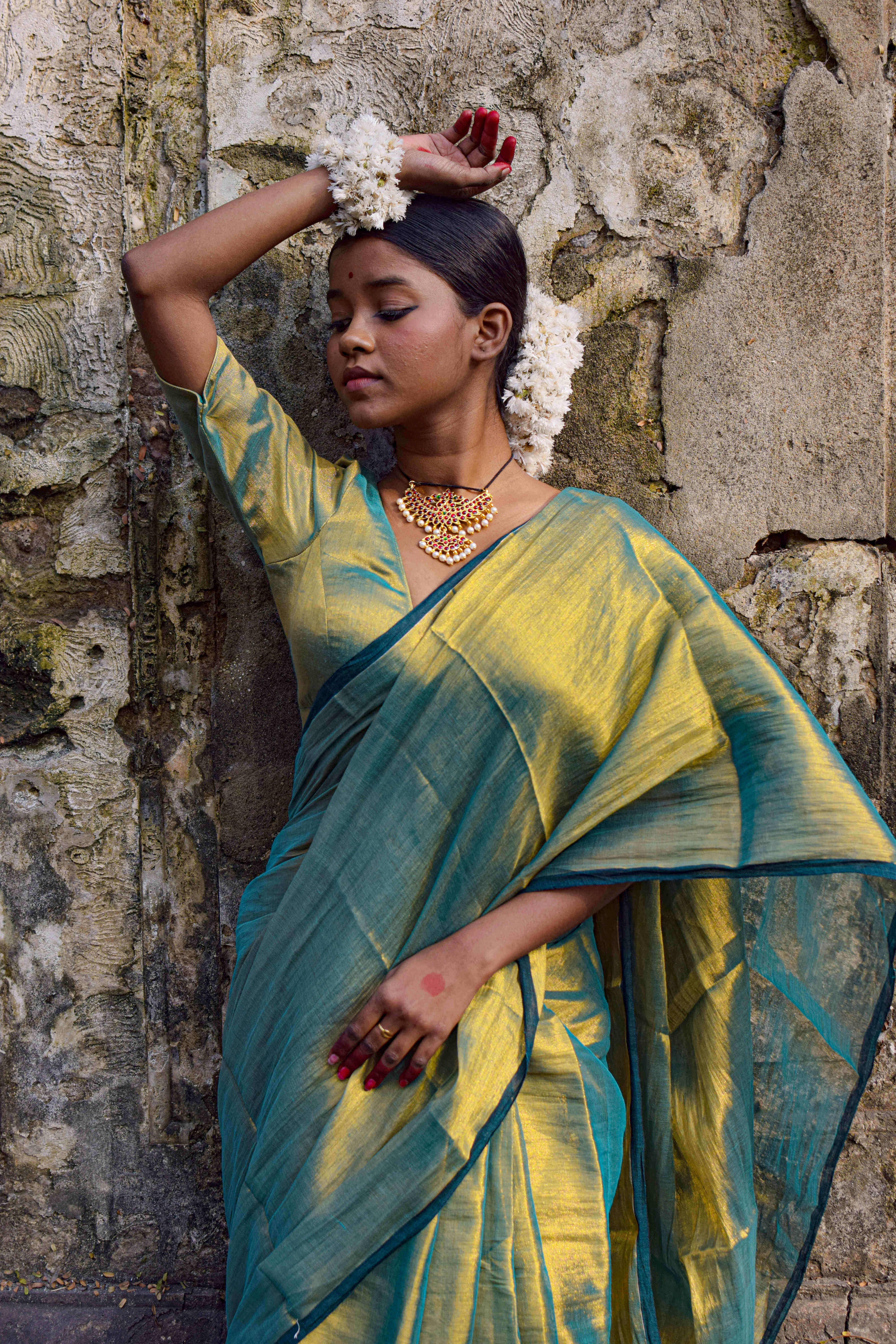 Pataka Seagreen Dual tone tissue saree