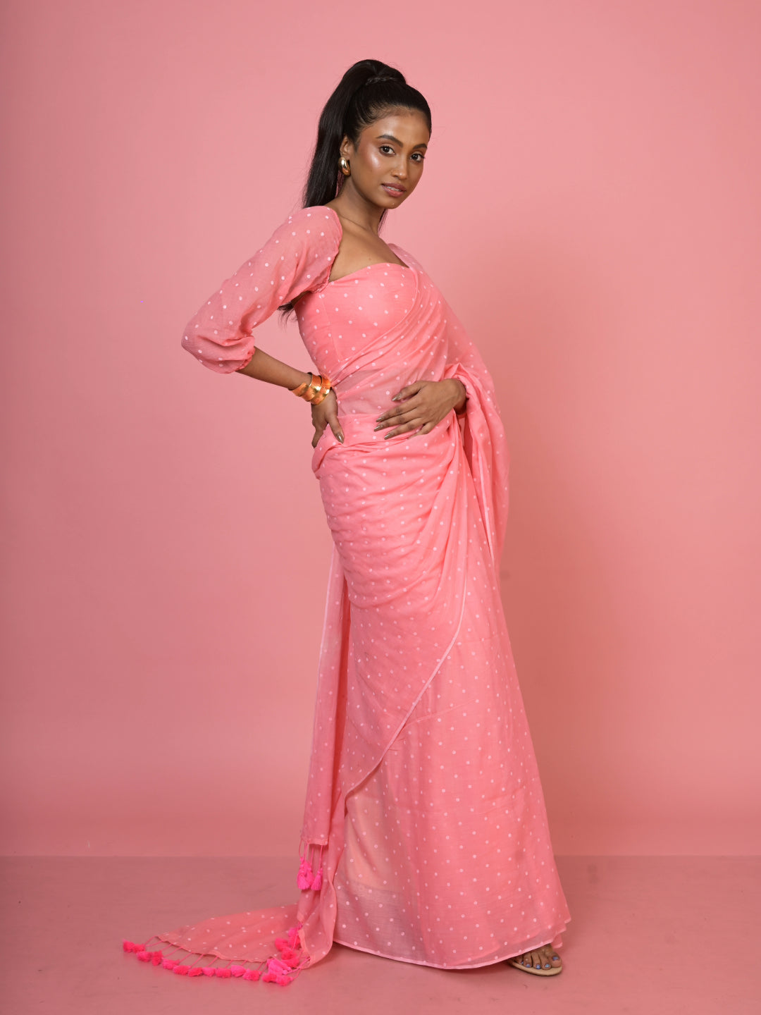 Rani pop I Baby Pink Handloom Mul Cotton Polka Dotted Saree