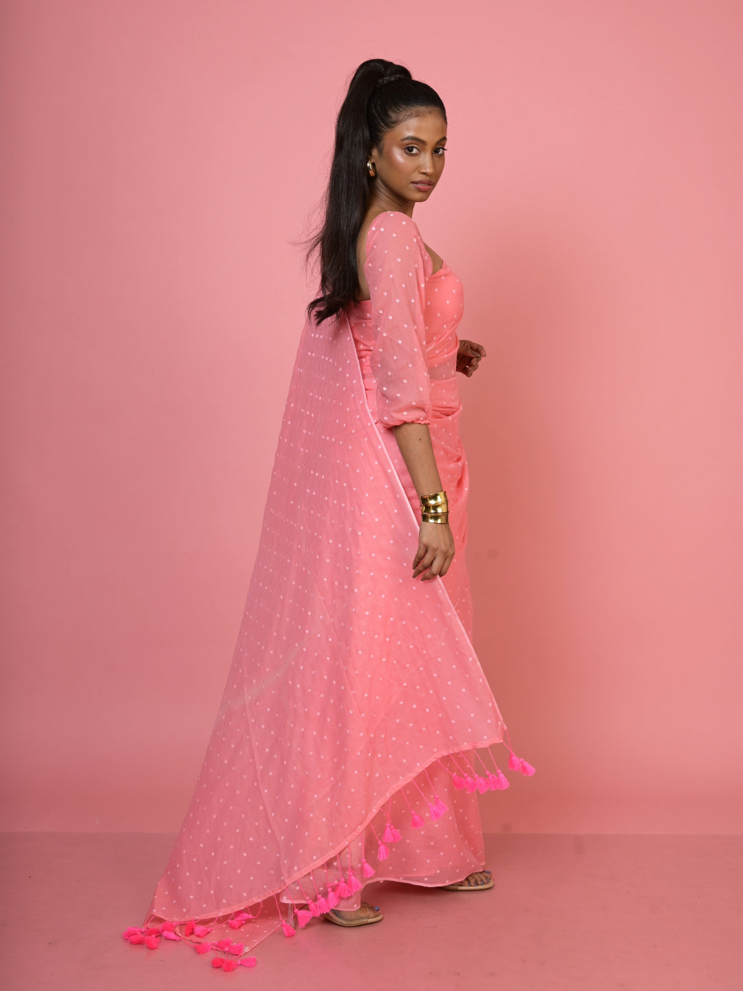 Rani pop I Baby Pink Handloom Mul Cotton Polka Dotted Saree