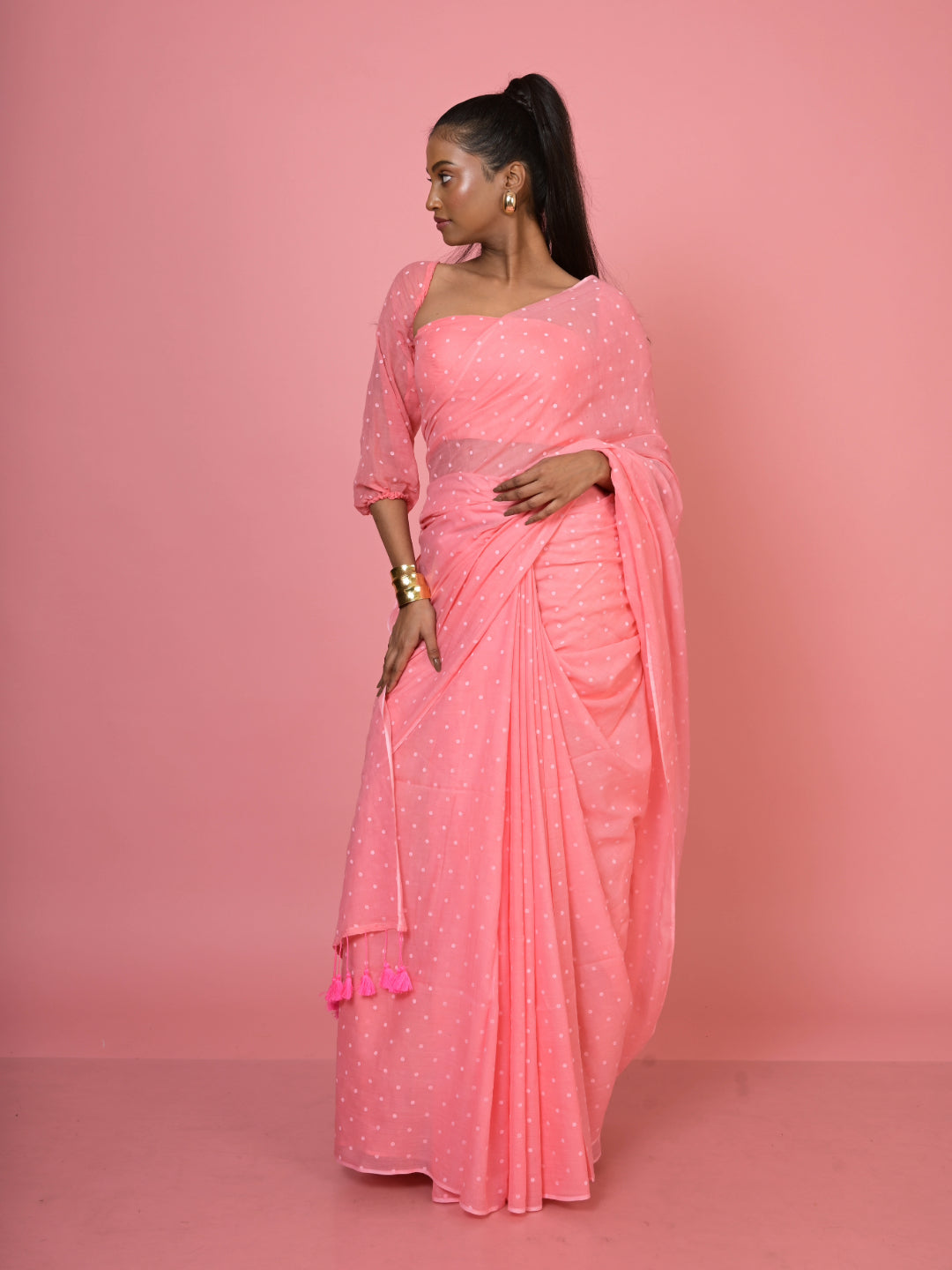 Rani pop I Baby Pink Handloom Mul Cotton Polka Dotted Saree